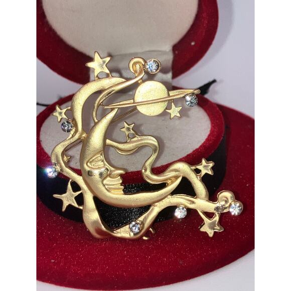 NWOT! Moon Jupiter Stars Gold-Tone 2.25" Brooch! - Picture 2 of 8